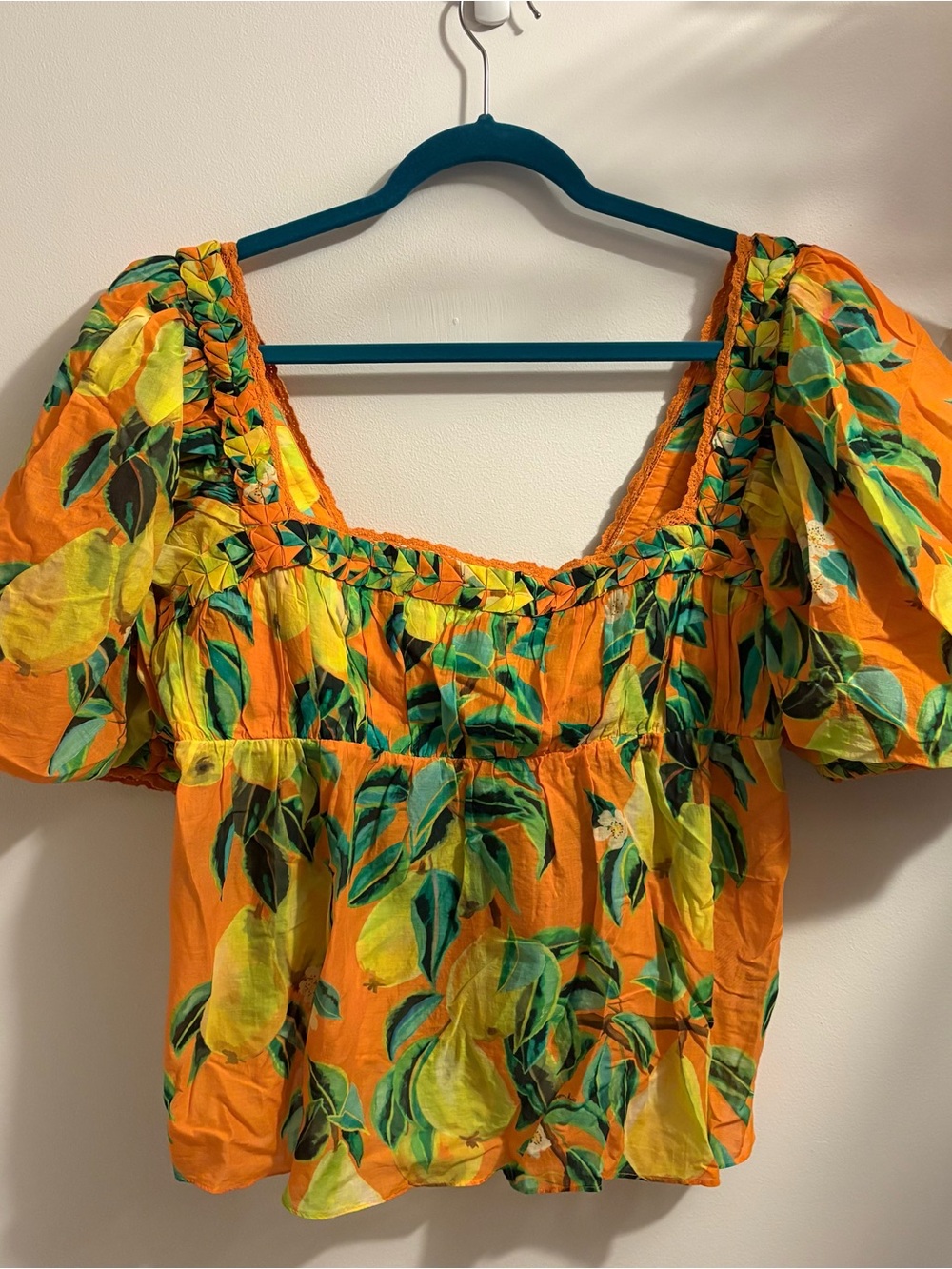 Boho Tropical Farm Rio Orange Pear Print Puff Sleeve Top XL